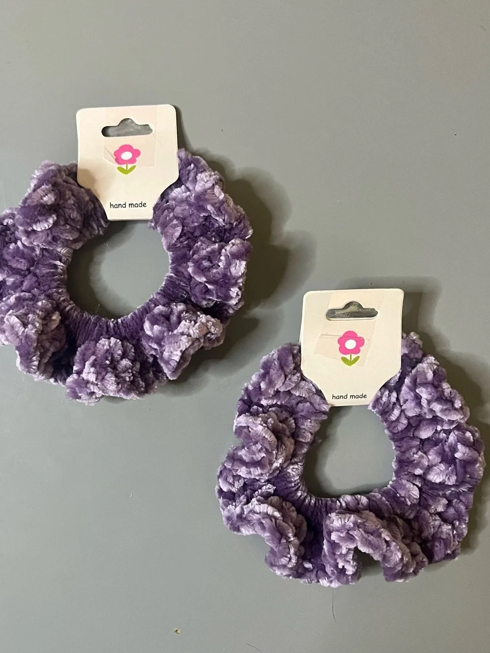 Set of 2 Purple Velvet Crochet Scrunchies Handmade NWT Chenille Hair Ties
